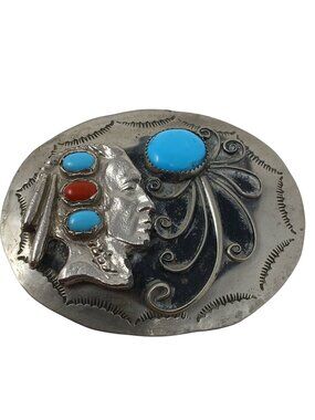 Western Native German Silver Belt Buckle. Vintage Inlaid Faux Turquoise Coral J1